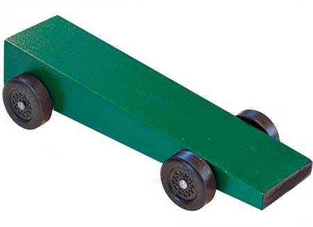Wedge pinewood derby car painted green.