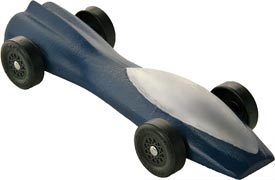 This Jet pinewood derby car is painted blue with a silver canopy.