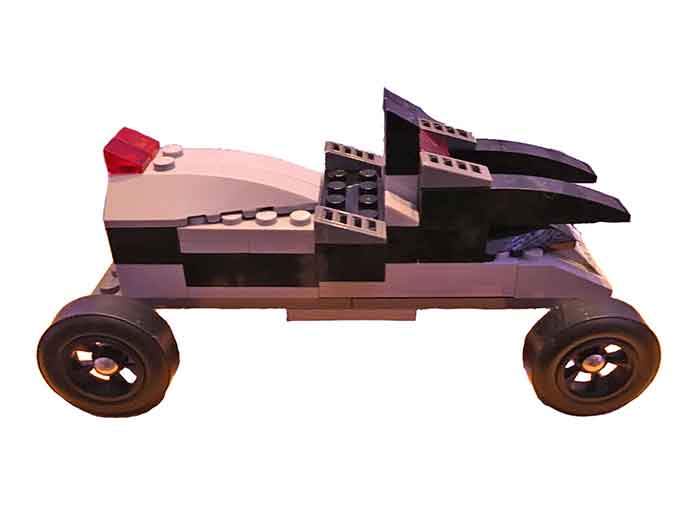 Gray and black pinewood derby LEGO car